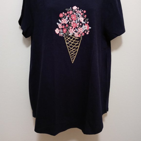 NWT Loft Floral Gold Cone Navy Tee 100% Cotton - Picture 2 of 8